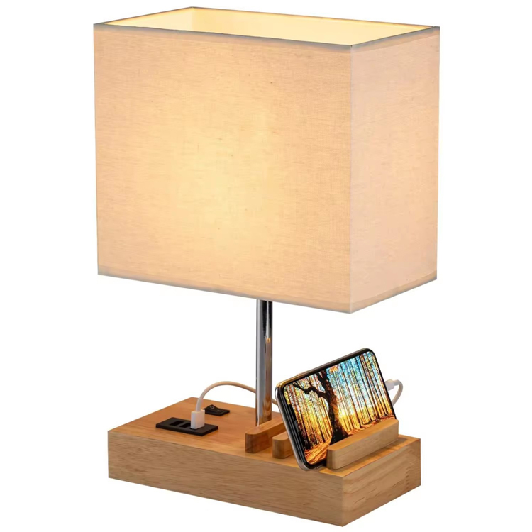 Lampada da tavolo moderna per hotel in legno con base di ricarica USB